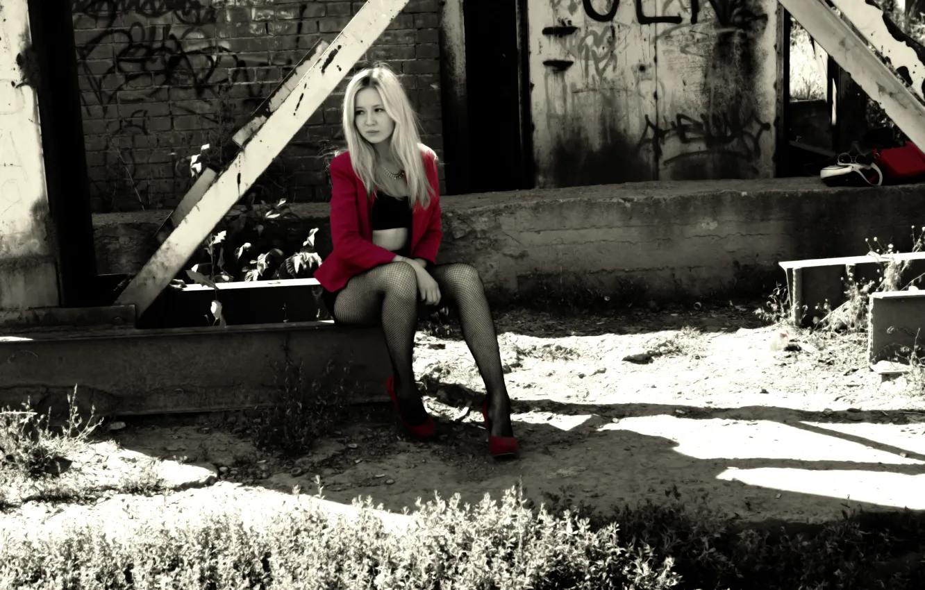 Photo wallpaper girl, photo, blonde, sitting, h\b