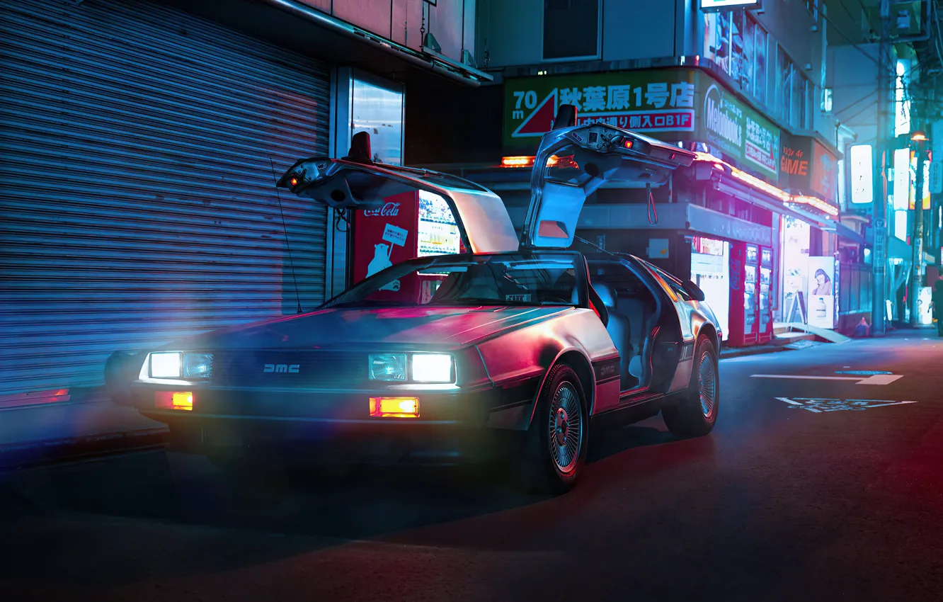 Photo wallpaper Night, Street, Light, Lights, Back to the future, DeLorean DMC-12, Back To The Future
