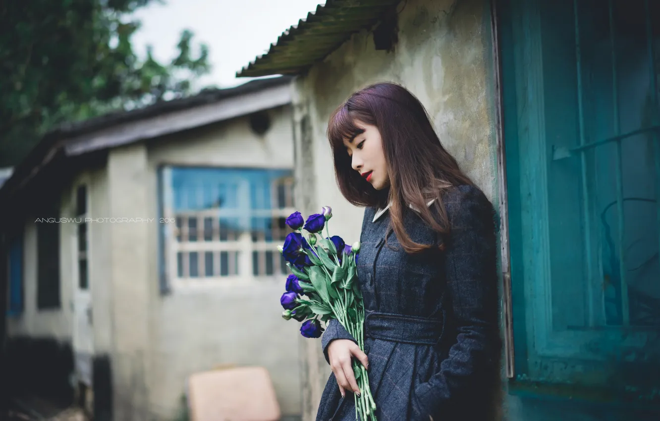 Photo wallpaper girl, flowers, Asian