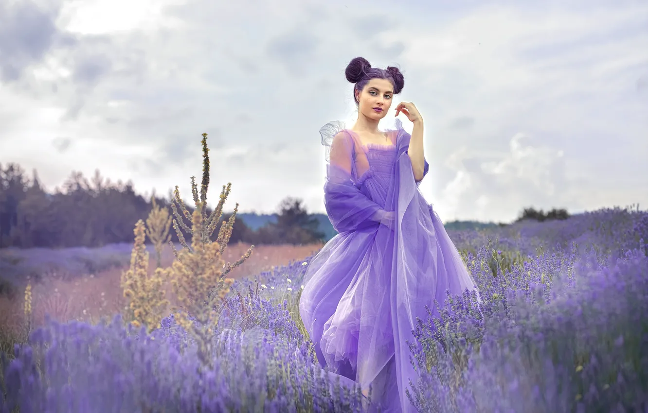 Photo wallpaper summer, the sky, look, girl, clouds, flowers, nature, pose