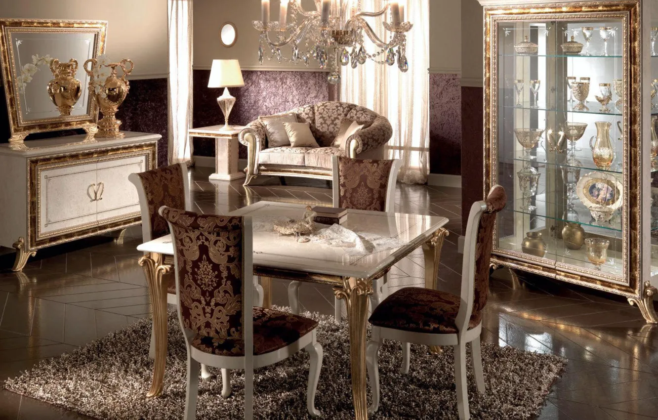 Photo wallpaper design, furniture, chandelier, luxury, dining room