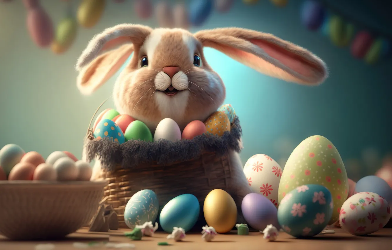 Photo wallpaper eggs, colorful, rabbit, Easter, spring, Easter, eggs, bunny