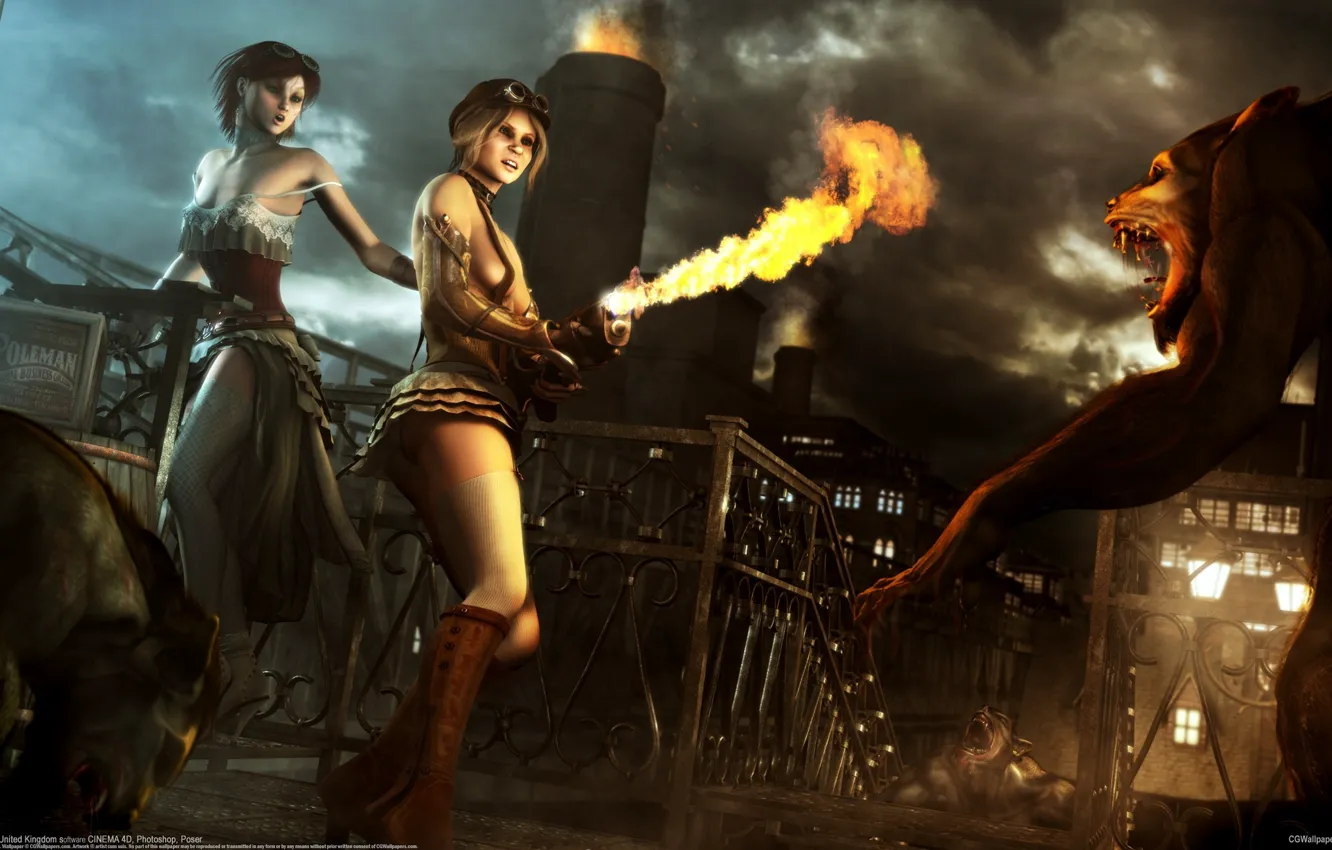 Photo wallpaper girls, monsters, werewolves, Ian Grainger, flamethrower