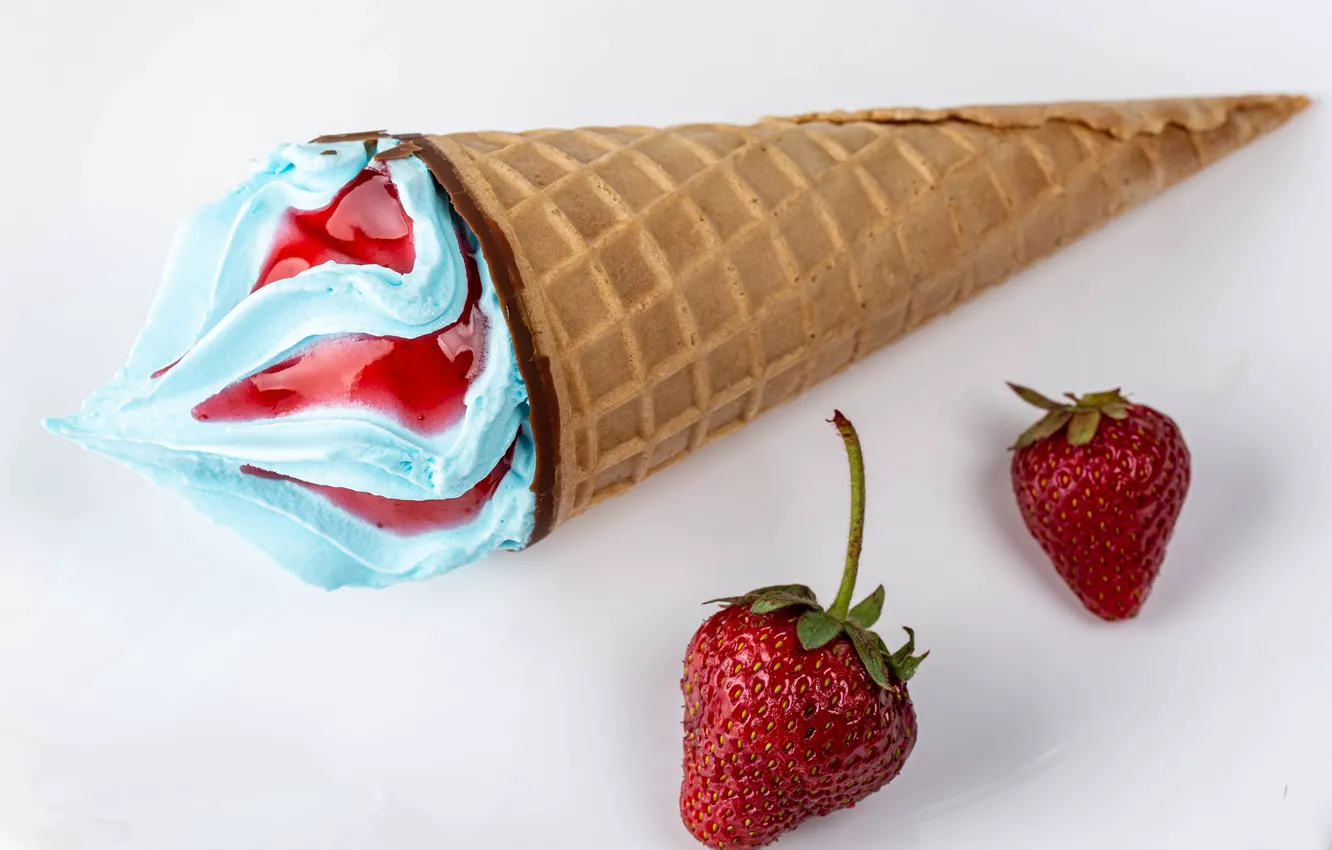 Photo wallpaper berries, strawberry, ice cream, horn, sweet, Ice cream