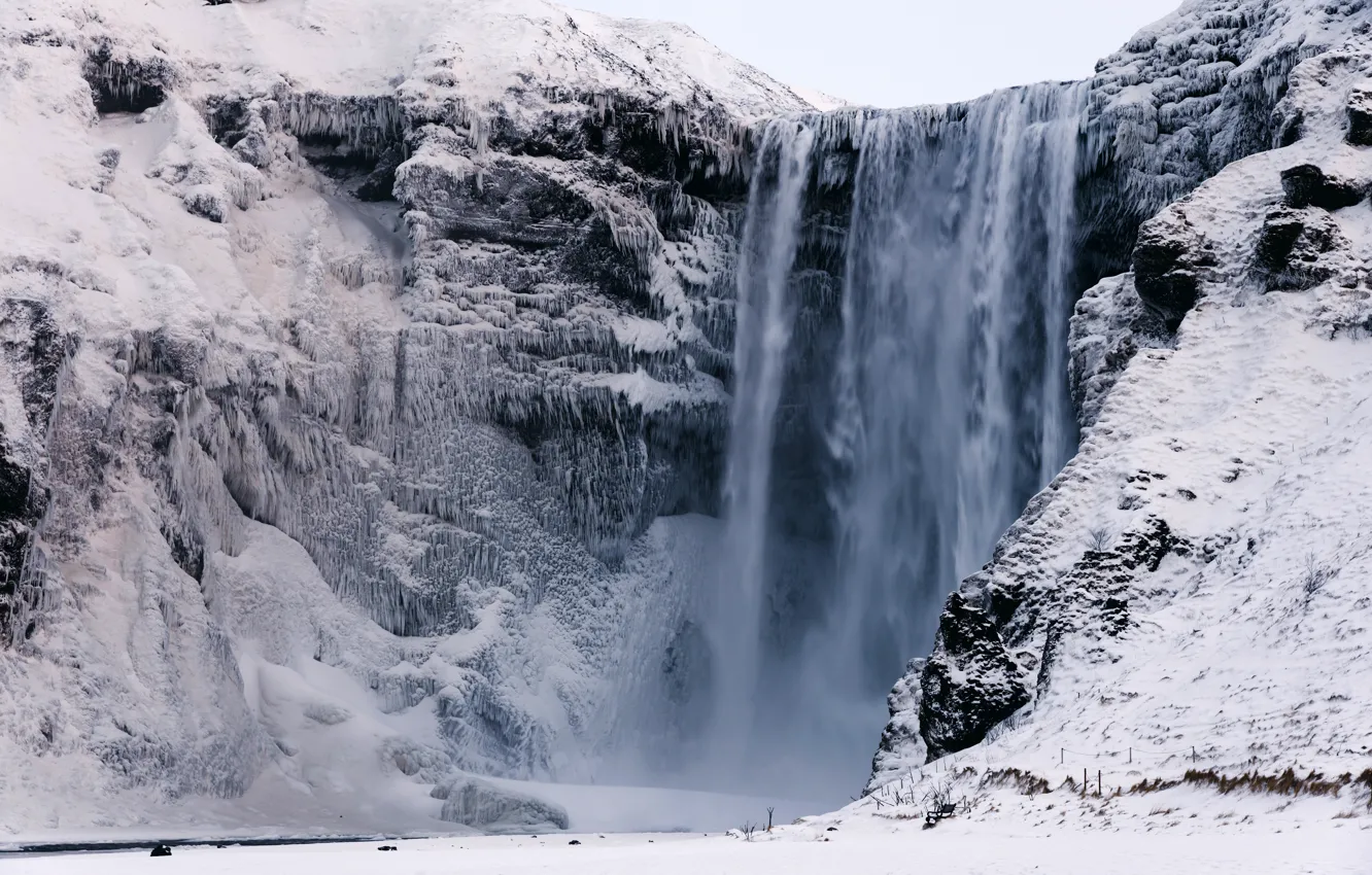 Photo wallpaper winter, snow, rock, waterfall, icicles, Iceland