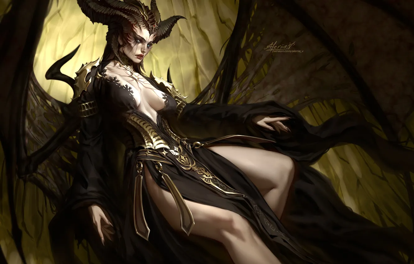 Photo wallpaper demon, girl, fantasy, cleavage, horns, monster, dress, wings