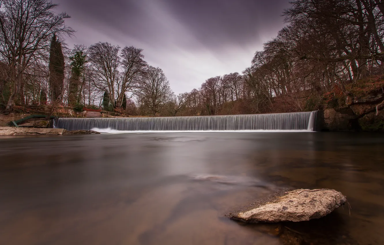 Photo wallpaper autumn, trees, river, waterfall, dam