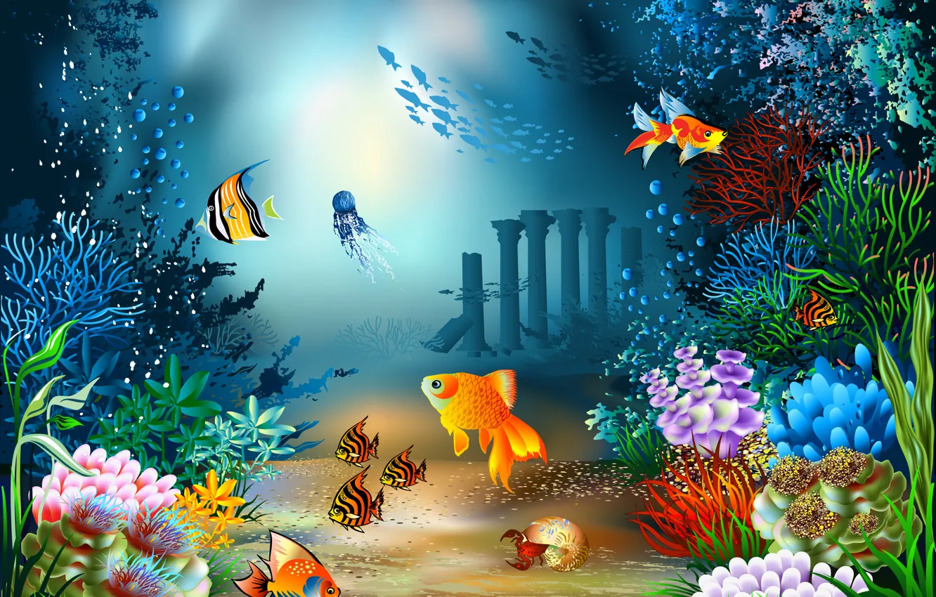 Photo wallpaper sea, fish, crab, Medusa, vector, the bottom, shell, corals