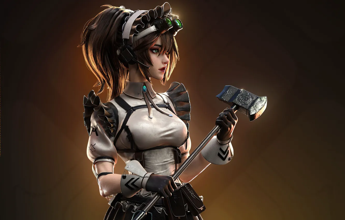 Photo wallpaper flowers, weapons, brunette, hammer, binoculars, flower, weapon, beautiful girl