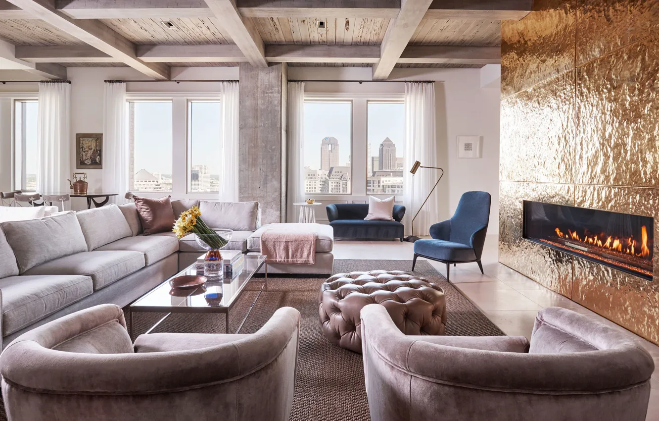 Photo wallpaper design, style, interior, fireplace, megapolis, Dallas, Dallas, spacious living room