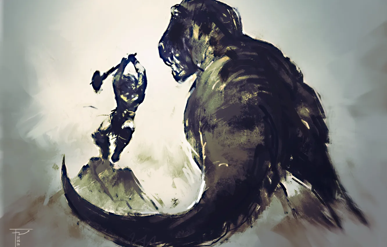 Photo wallpaper dinosaur, warrior, battle