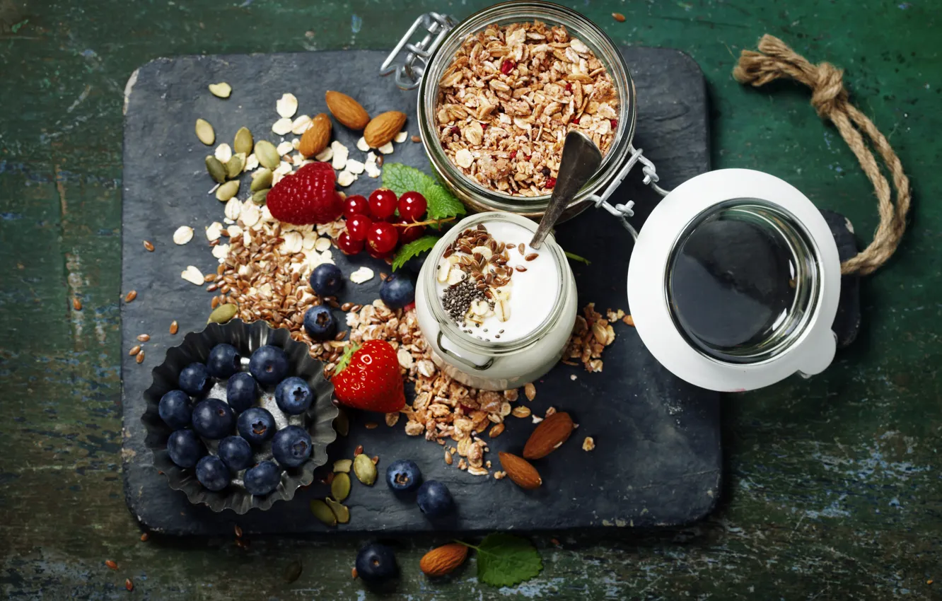 Photo wallpaper berries, Breakfast, blueberries, strawberry, nuts, muesli, yogurt, red currant