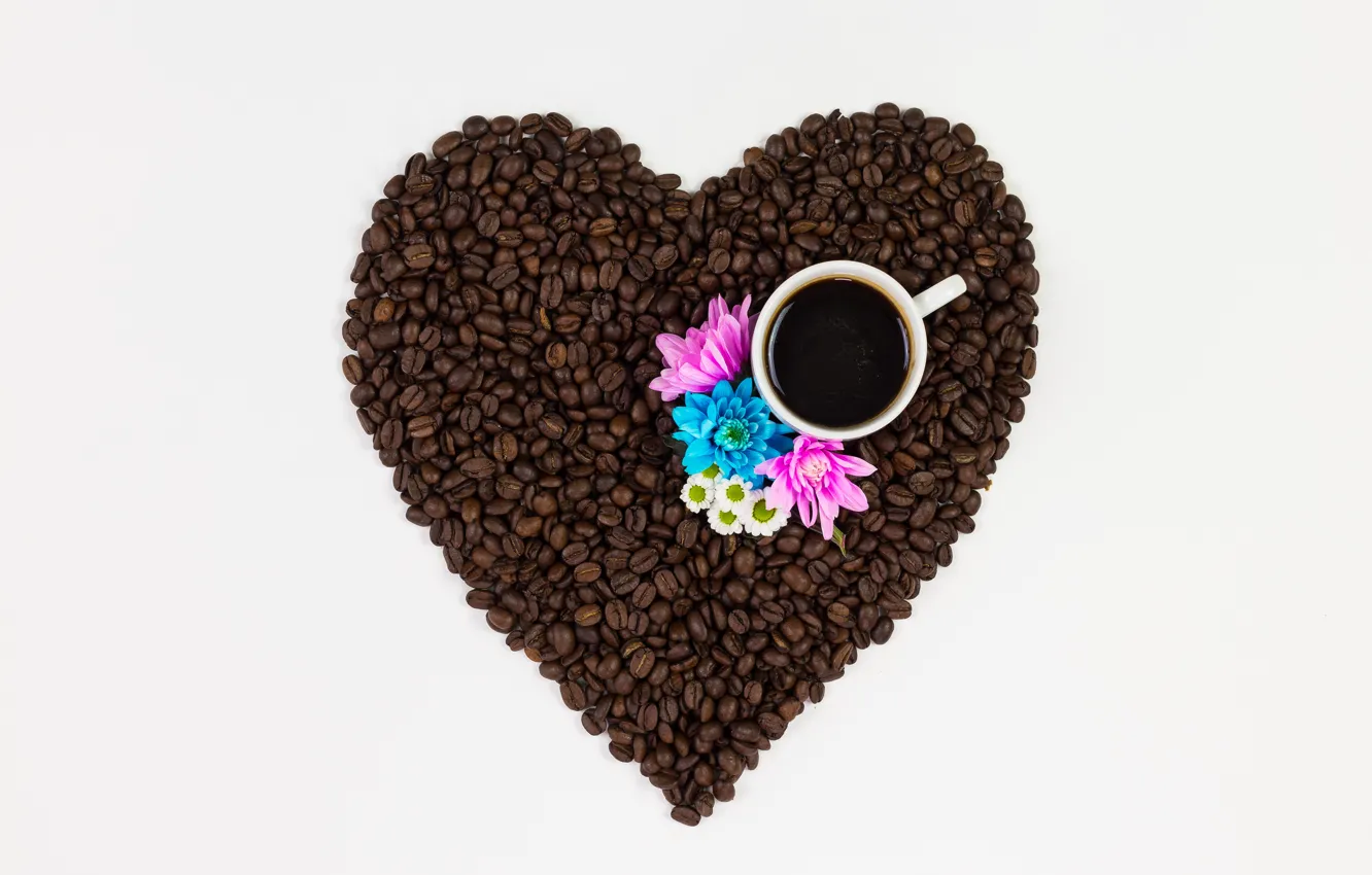 Photo wallpaper love, flowers, heart, coffee, grain, love, heart, pink