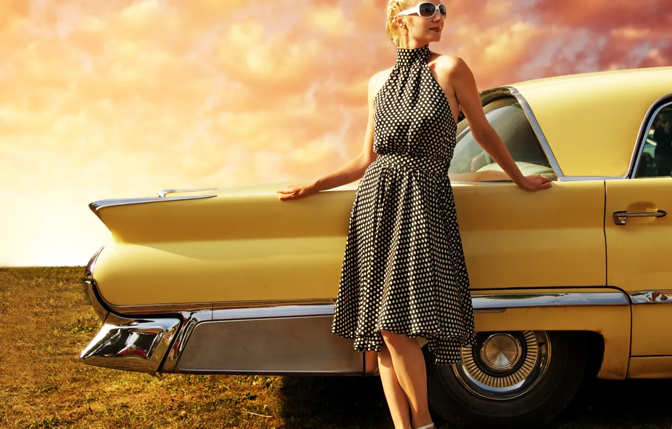 Photo wallpaper auto, girl, landscape, style, retro, beauty, dress, appearance