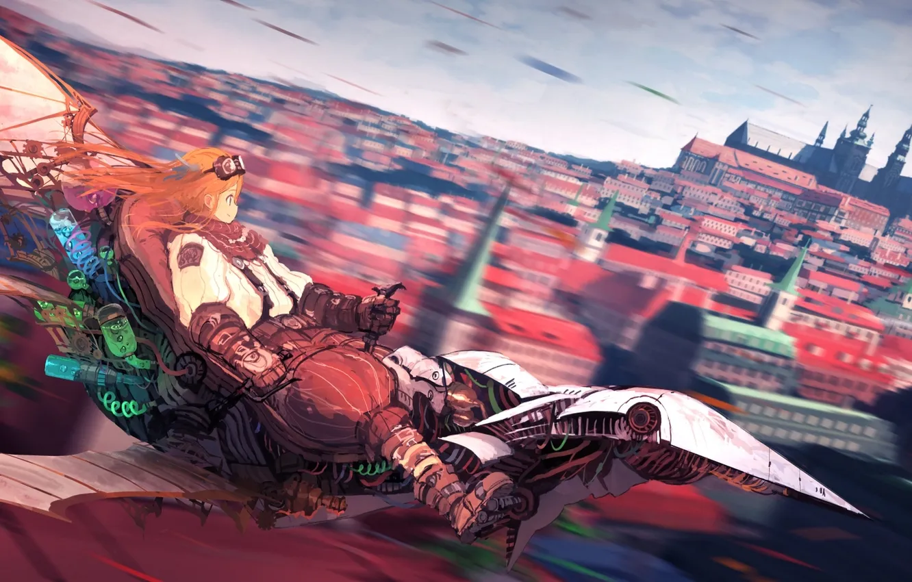 Photo wallpaper the sky, girl, clouds, flight, the city, anime, art, jumpei99