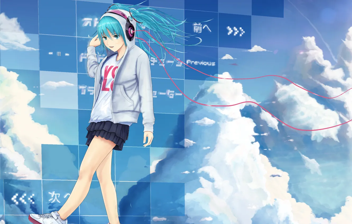 Photo wallpaper girl, clouds, wire, headphones, art, vocaloid, hatsune miku, zakura Rio