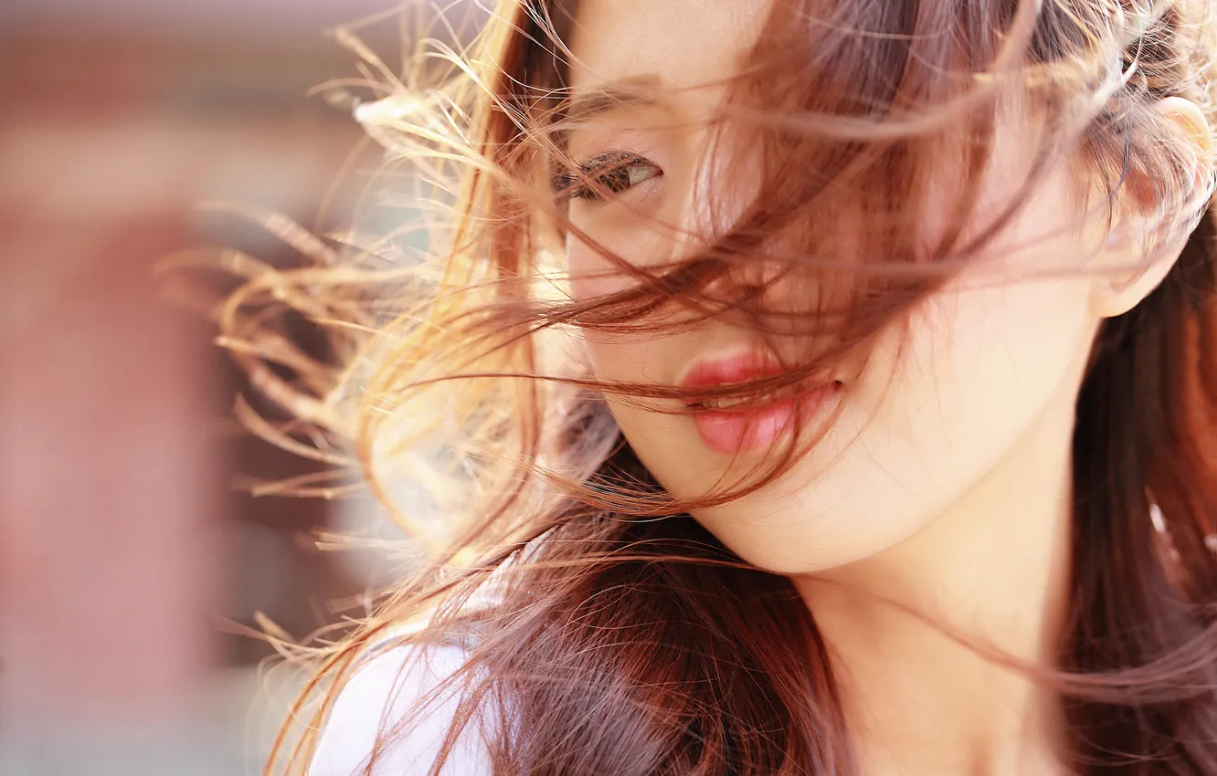 Photo wallpaper girl, face, the wind, hair, lips, Asian