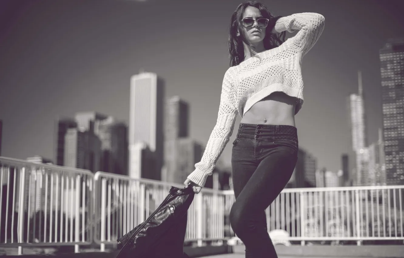 Photo wallpaper girl, photo, model, brunette, glasses, jacket, Chicago