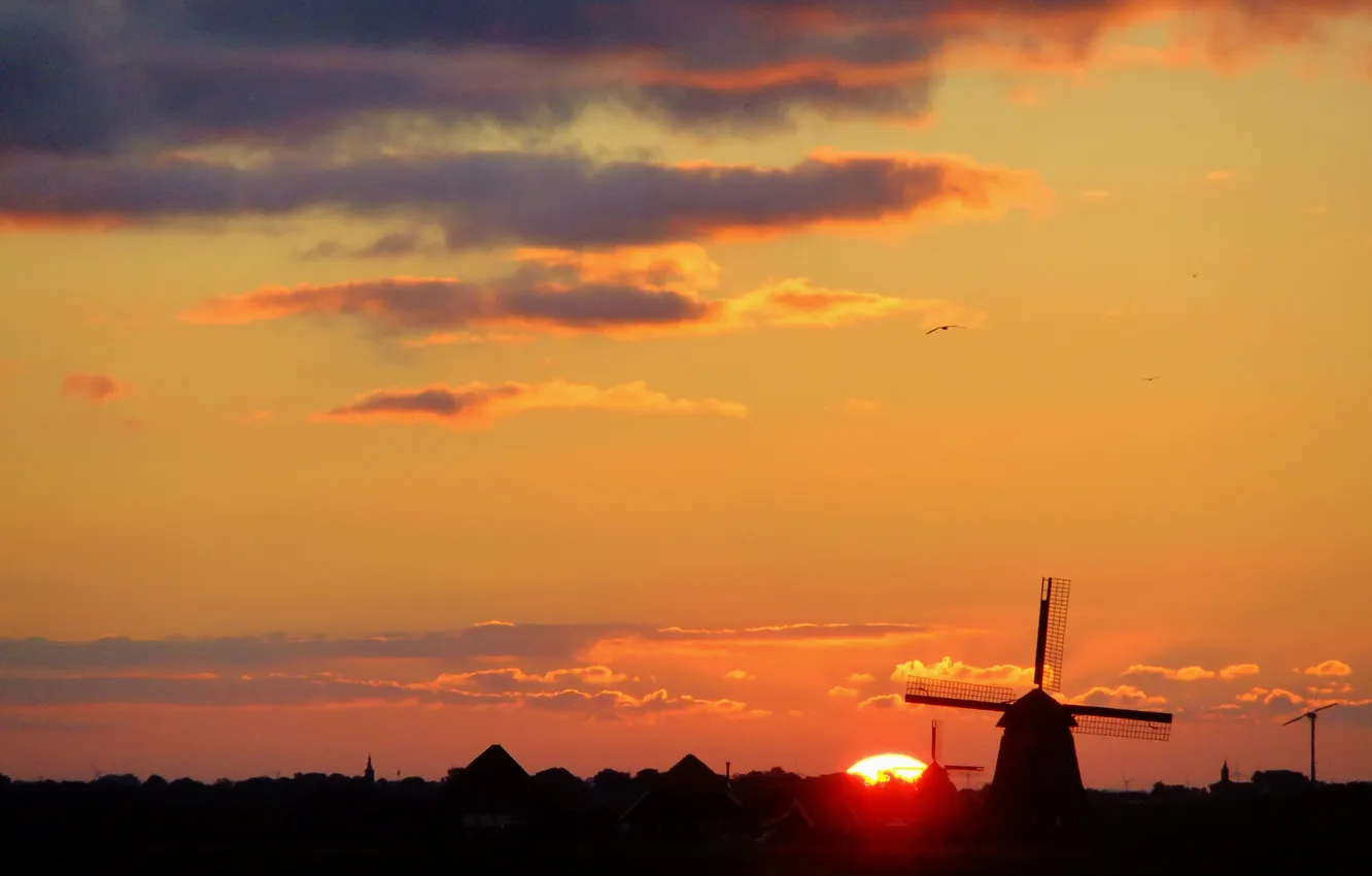 Photo wallpaper the sky, the sun, clouds, sunset, windmill