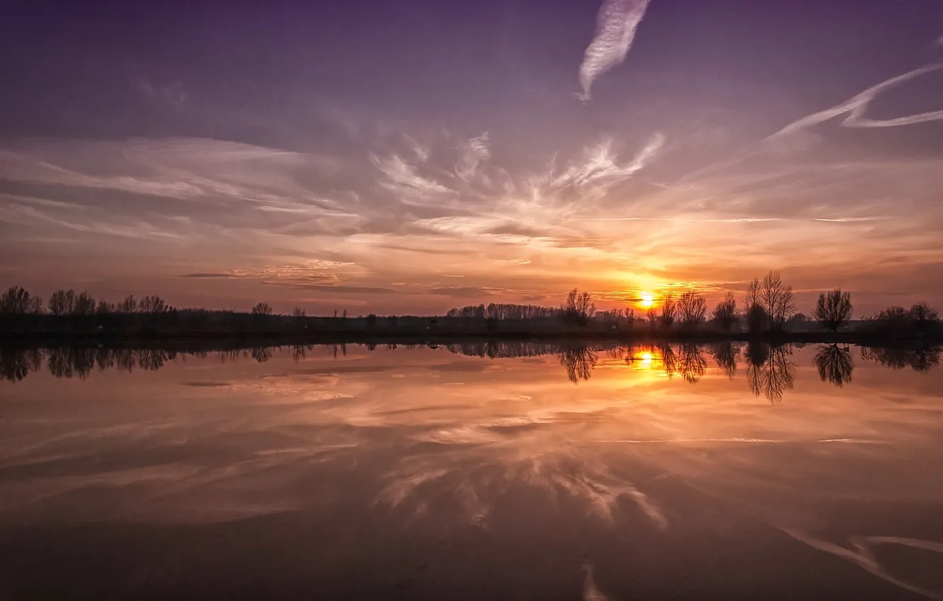 Photo wallpaper the sun, clouds, lake, reflection, morning
