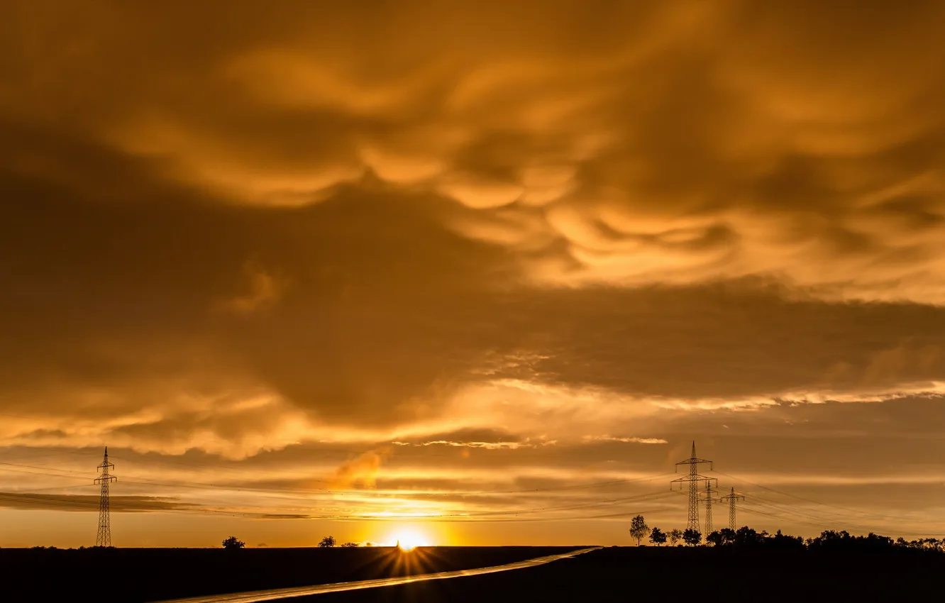 Photo wallpaper road, sunset, power lines