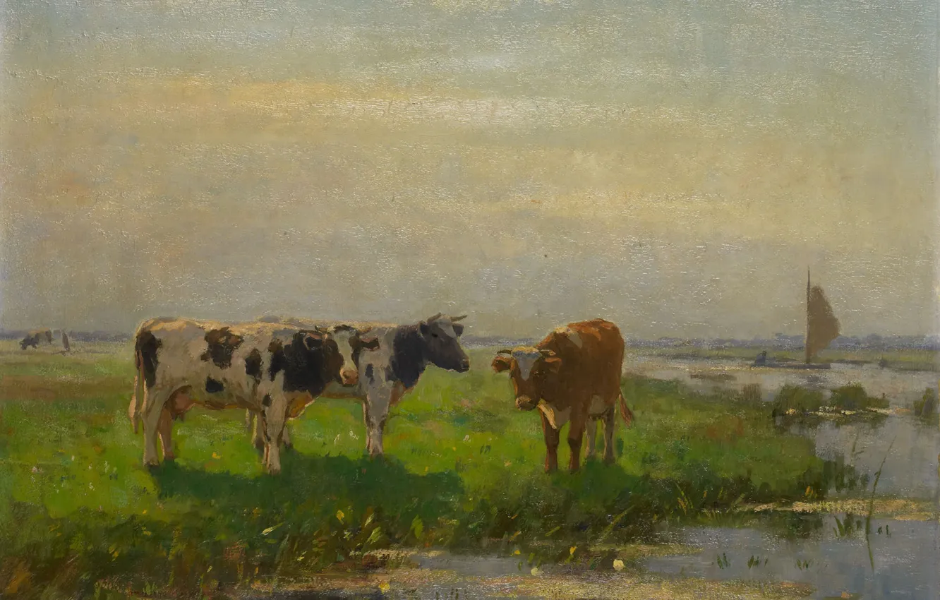 Photo wallpaper animal, oil, picture, canvas, 1941, Cows on Pasture, Bernardus Antonie van Beek, Bernardus van Beek