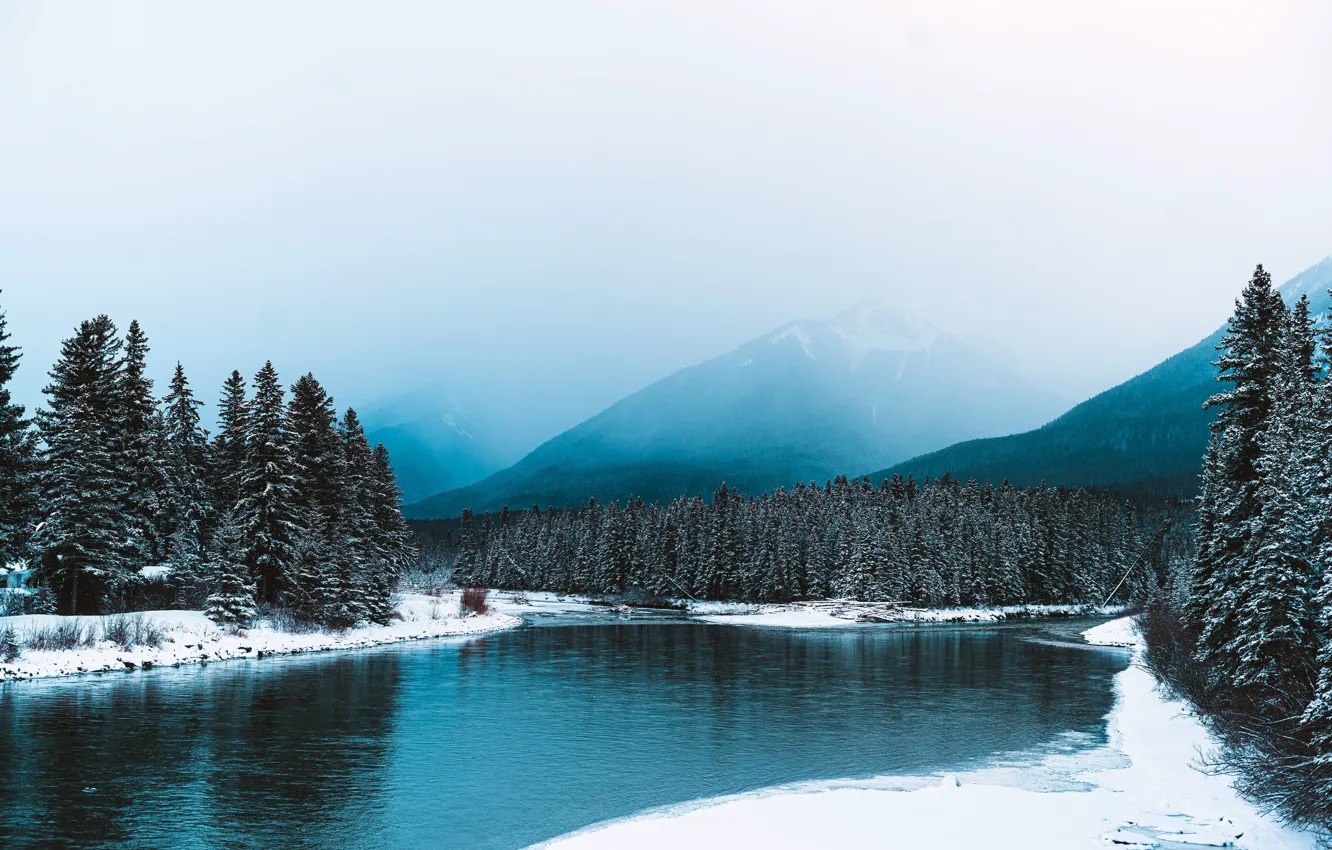 Photo wallpaper mountains, river, Canada, haze, Albert, Alberta, river, mountains