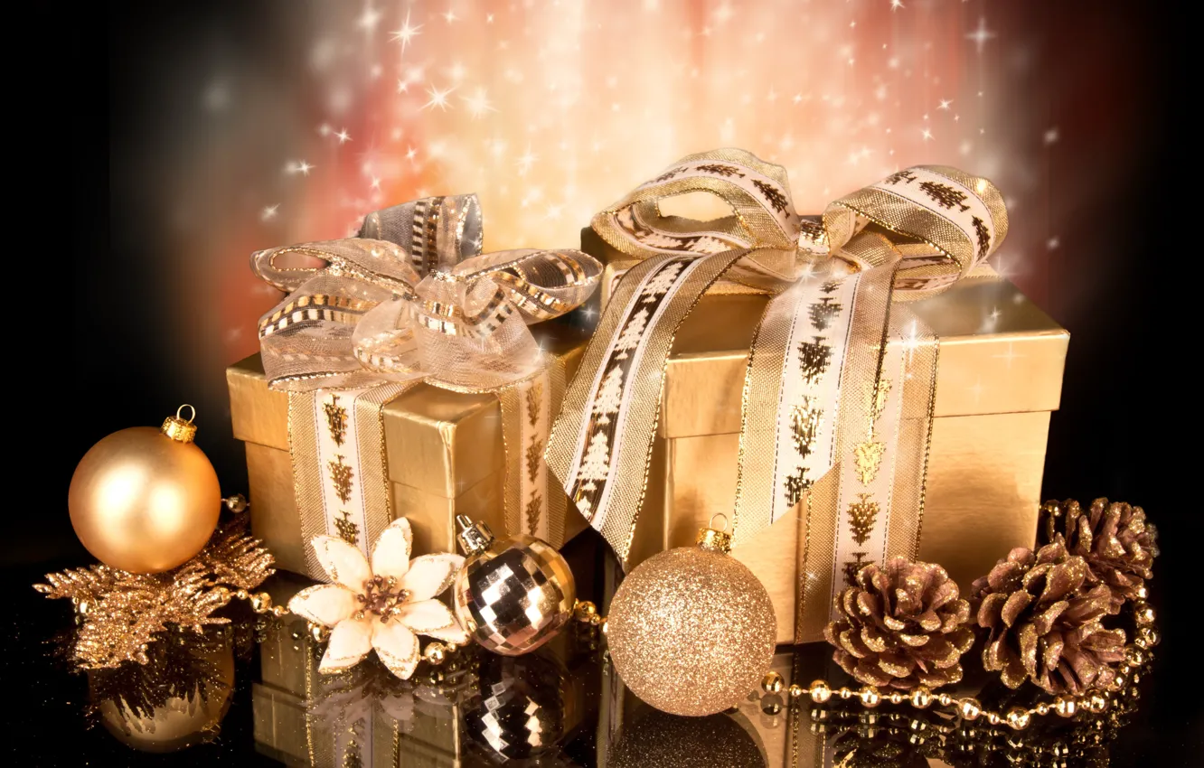 Photo wallpaper reflection, holiday, gifts, Christmas, bow, ribbons, Christmas decorations, packaging