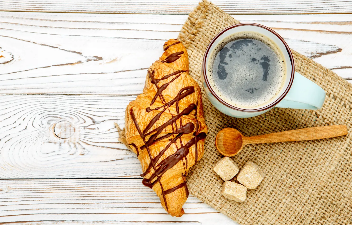 Photo wallpaper coffee, spoon, Cup, sugar, cakes, coffee, growing, croissant