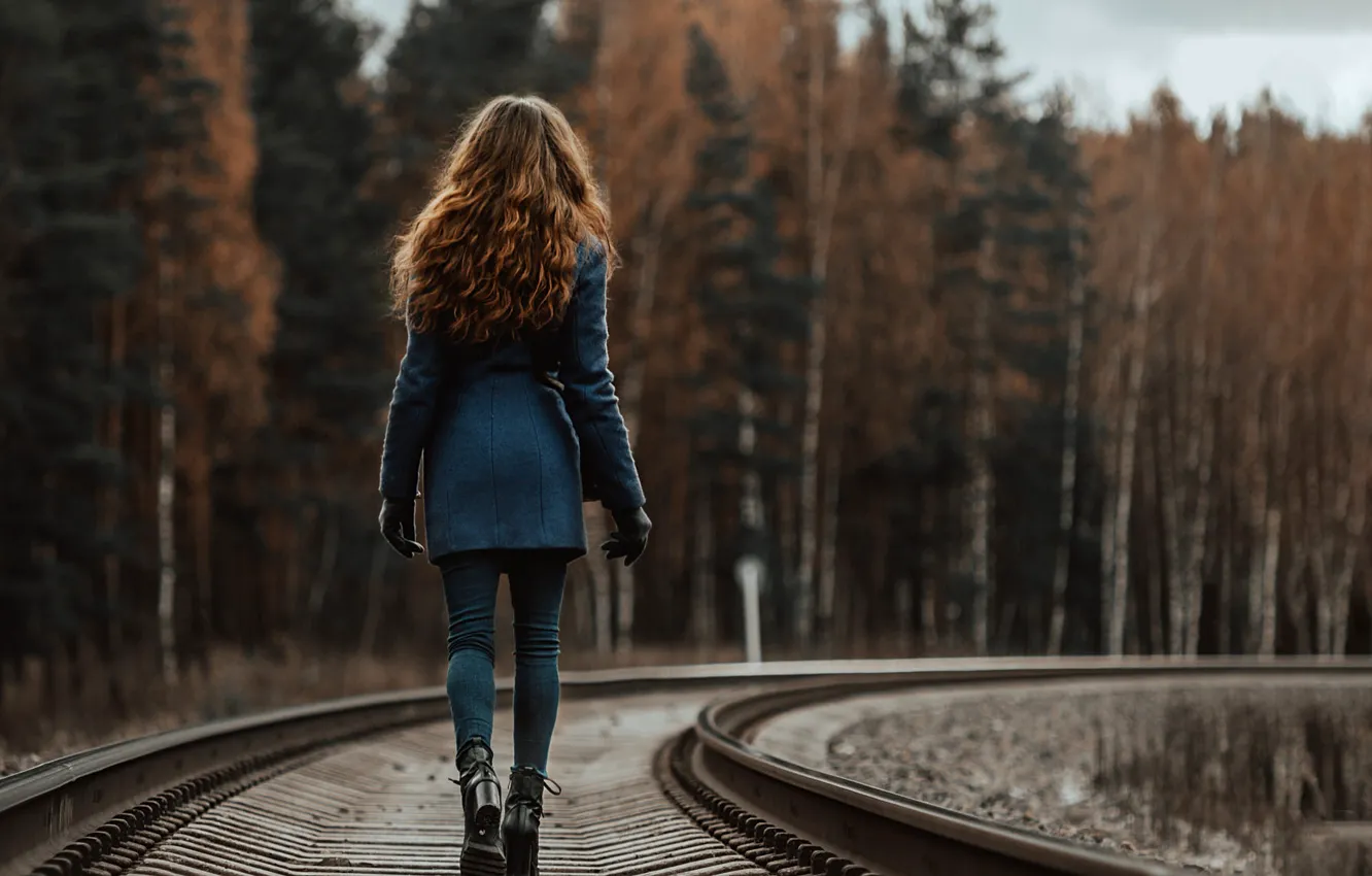 Photo wallpaper girl, the way, rails, coat, the sleepers, Dmitriy Dmitriev