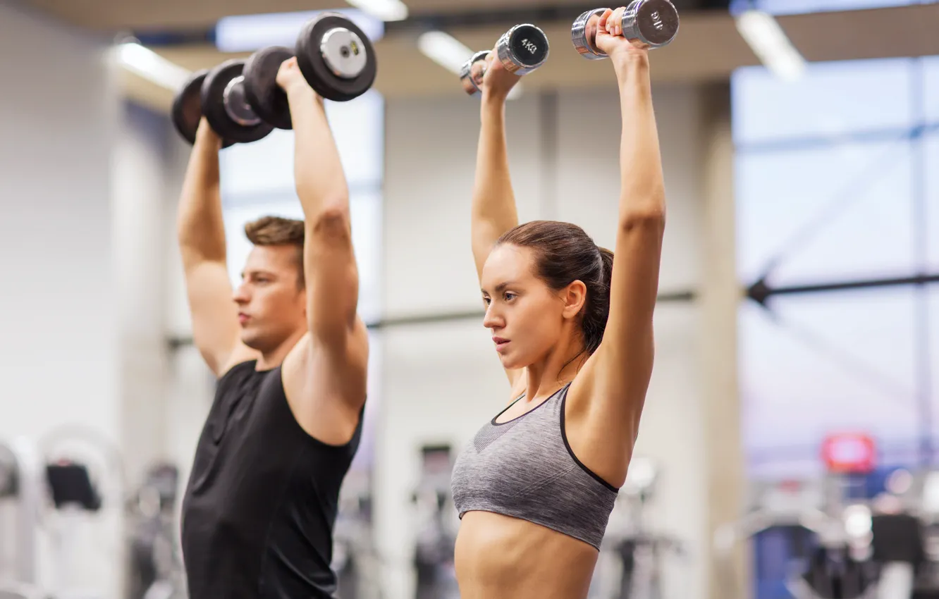 Photo wallpaper couple, group, workout, fitness, gym, dumbbells