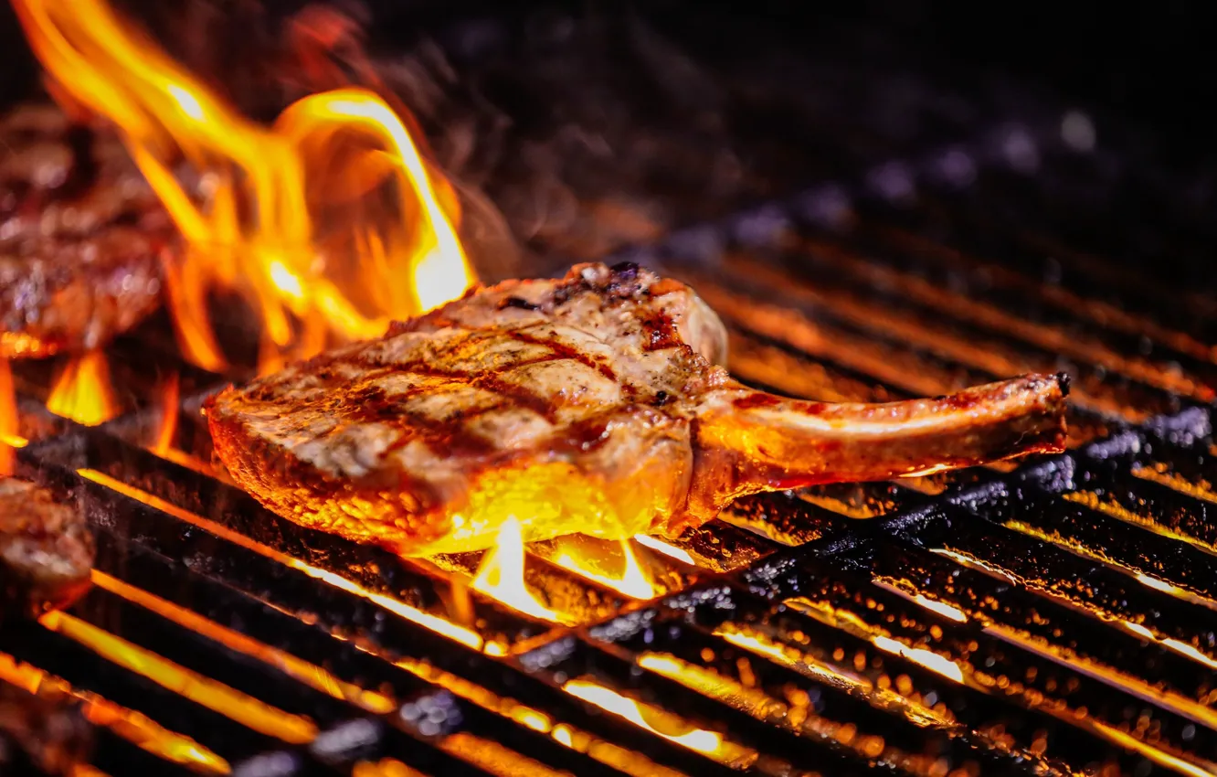 Photo wallpaper fire, food, grill, meat, steak
