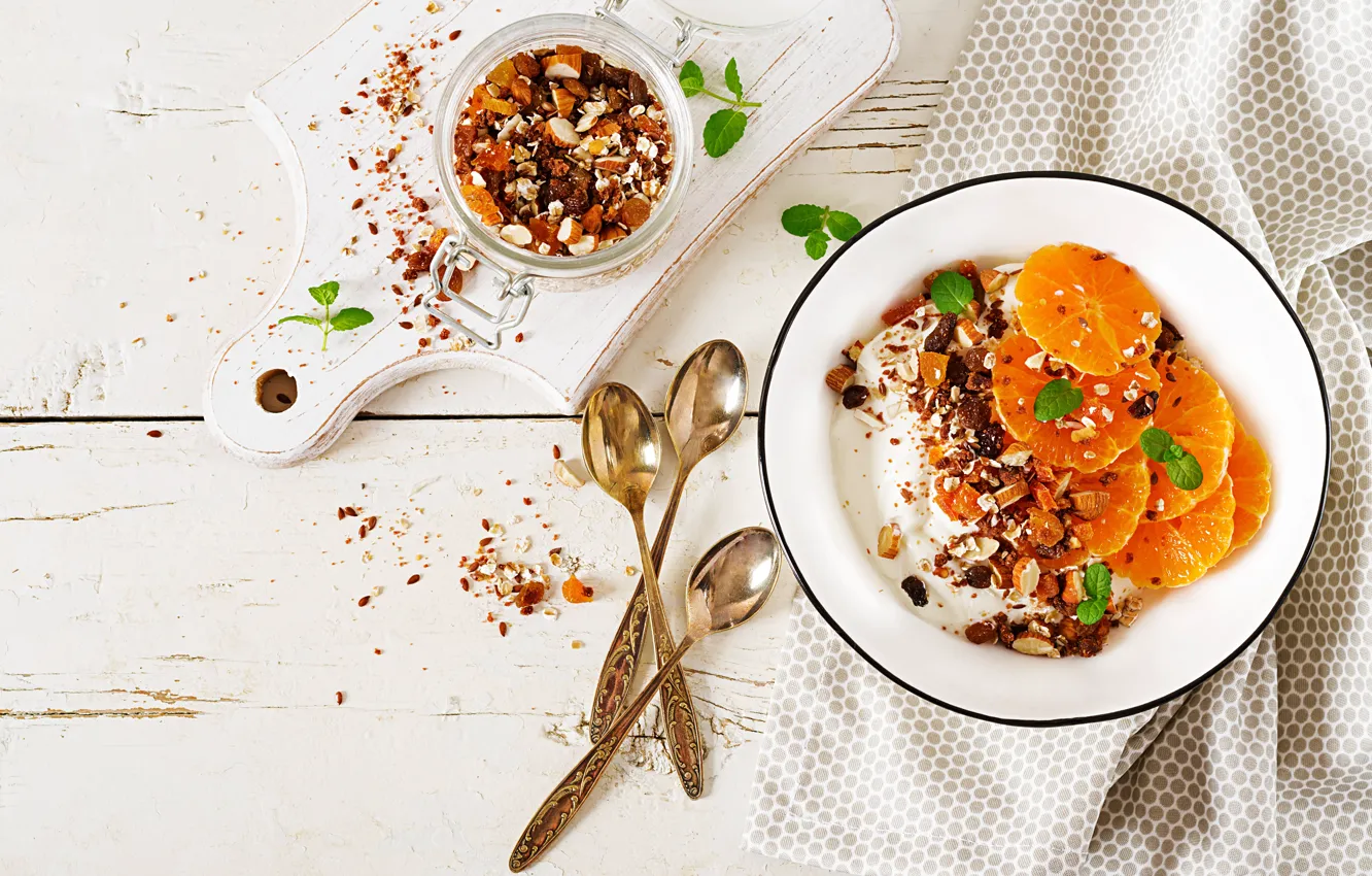 Photo wallpaper fruit, nuts, yogurt, granola, Timolina