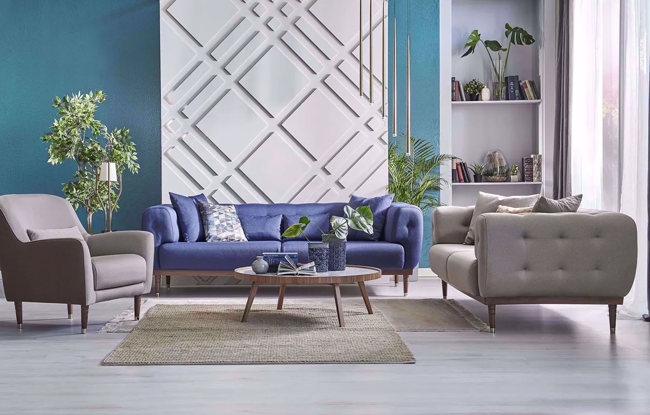 Photo wallpaper design, style, room, plant, lamp, interior, living room, upholstered furniture