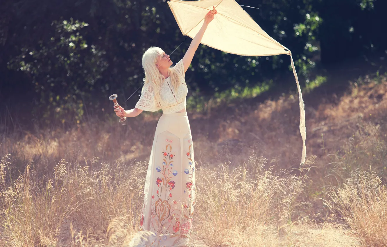 Photo wallpaper grass, the sun, Kirsten Dunst, glade, model, actress, kite, blonde
