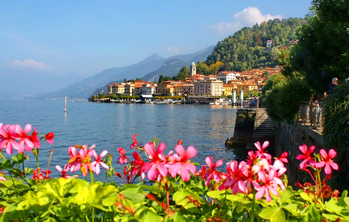 Photo wallpaper the sky, flowers, mountains, the city, lake, home, Italy, italy