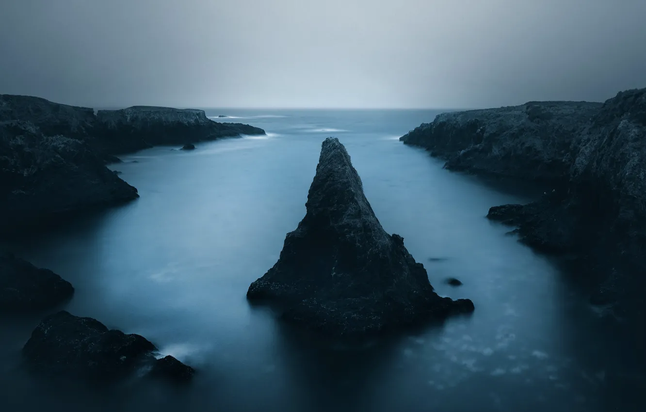 Photo wallpaper sea, the sky, stones, overcast, rocks, shore, haze