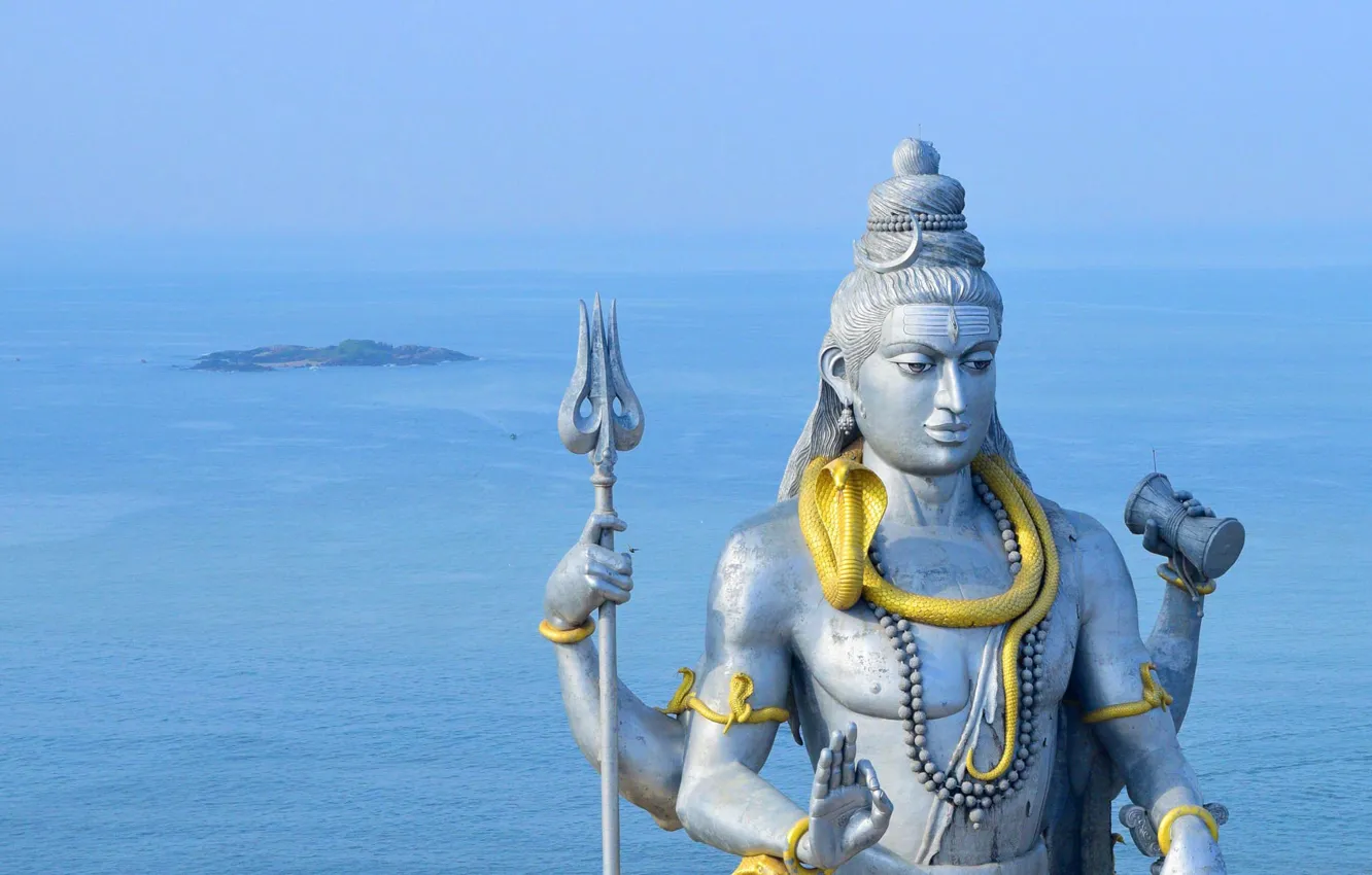 Photo wallpaper the ocean, India, statue, Shiva, The murudeshwara