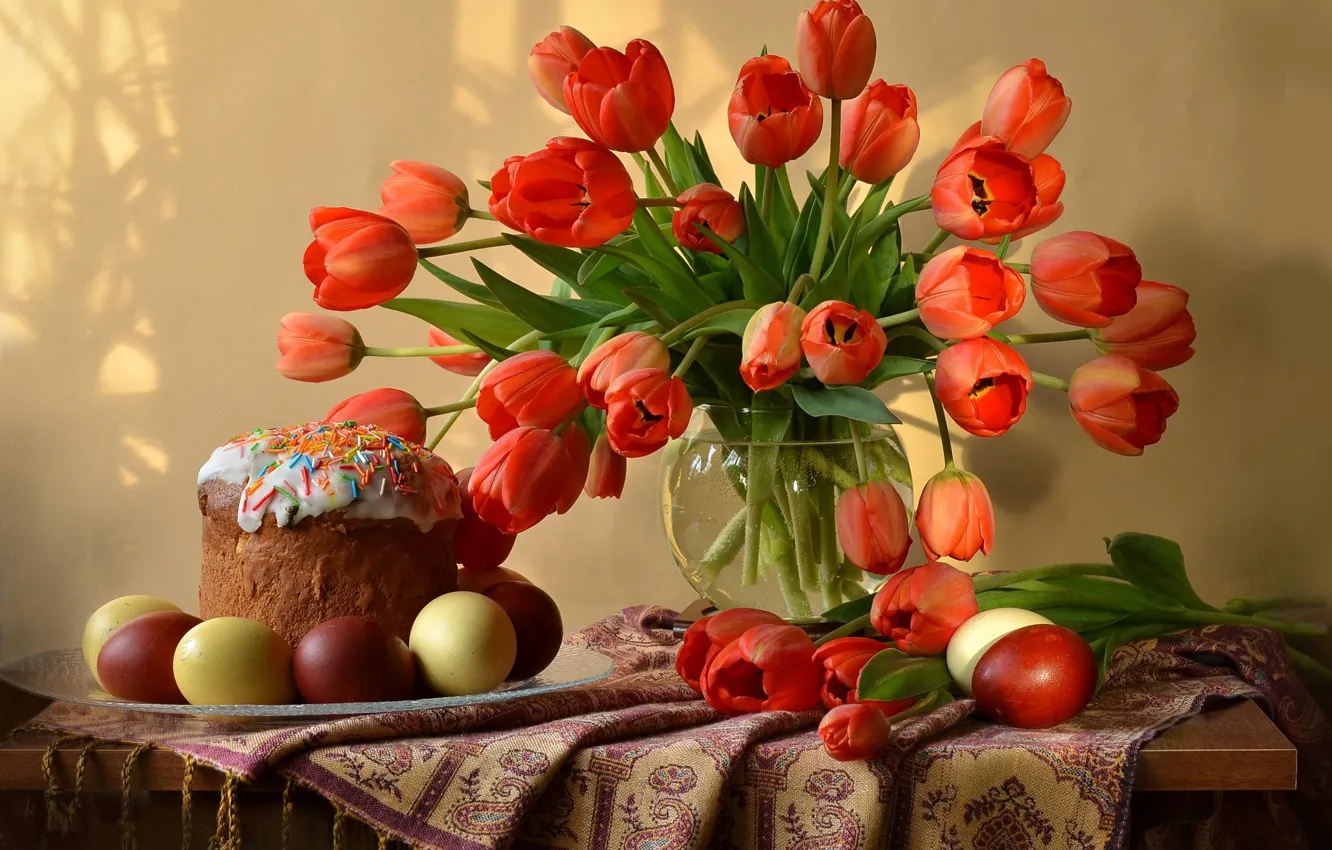 Photo wallpaper Easter, tulips, cake, eggs