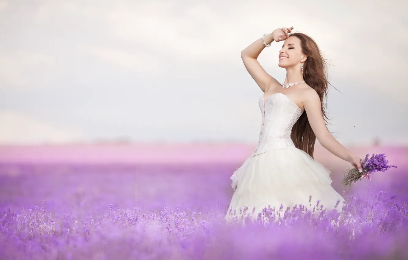 Photo wallpaper girl, nature, smile, bouquet, the bride, lavender field