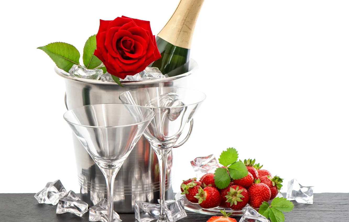 Photo wallpaper rose, bottle, ice, glasses, strawberry, champagne
