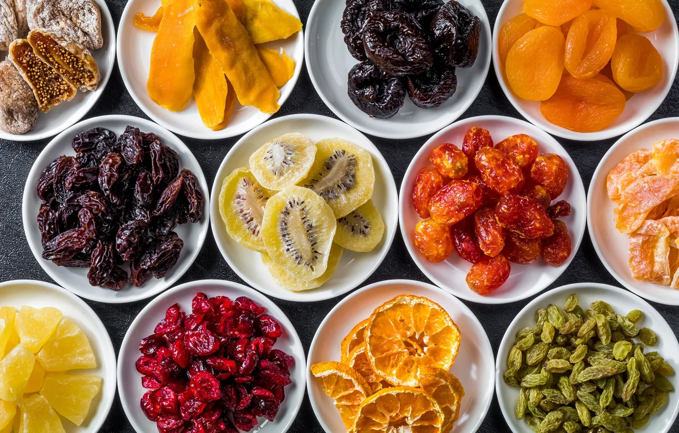 Photo wallpaper orange, kiwi, raisins, figs, dried apricots, dried fruits, prunes, dates