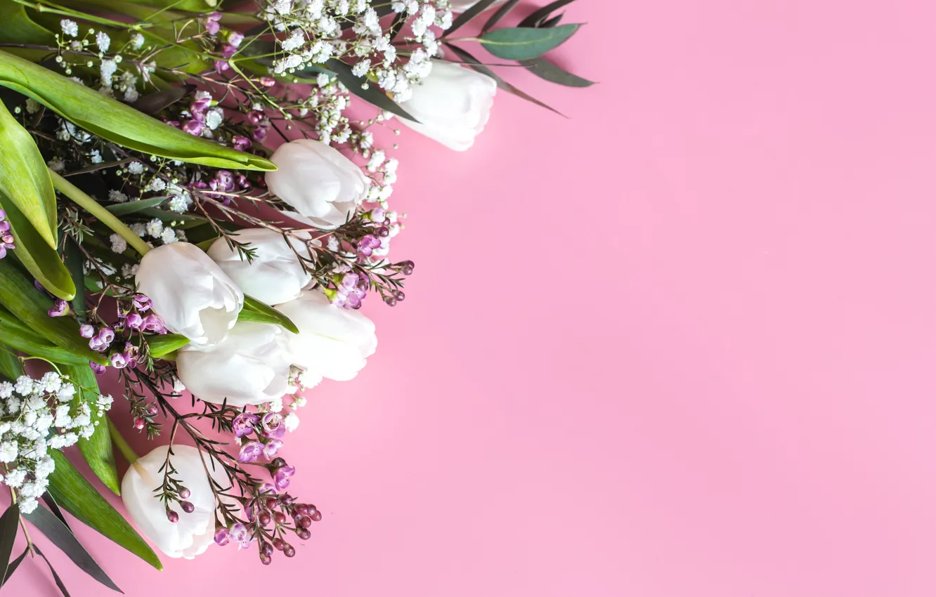 Photo wallpaper leaves, flowers, bouquet, tulips, white, pink background, different, gypsophila