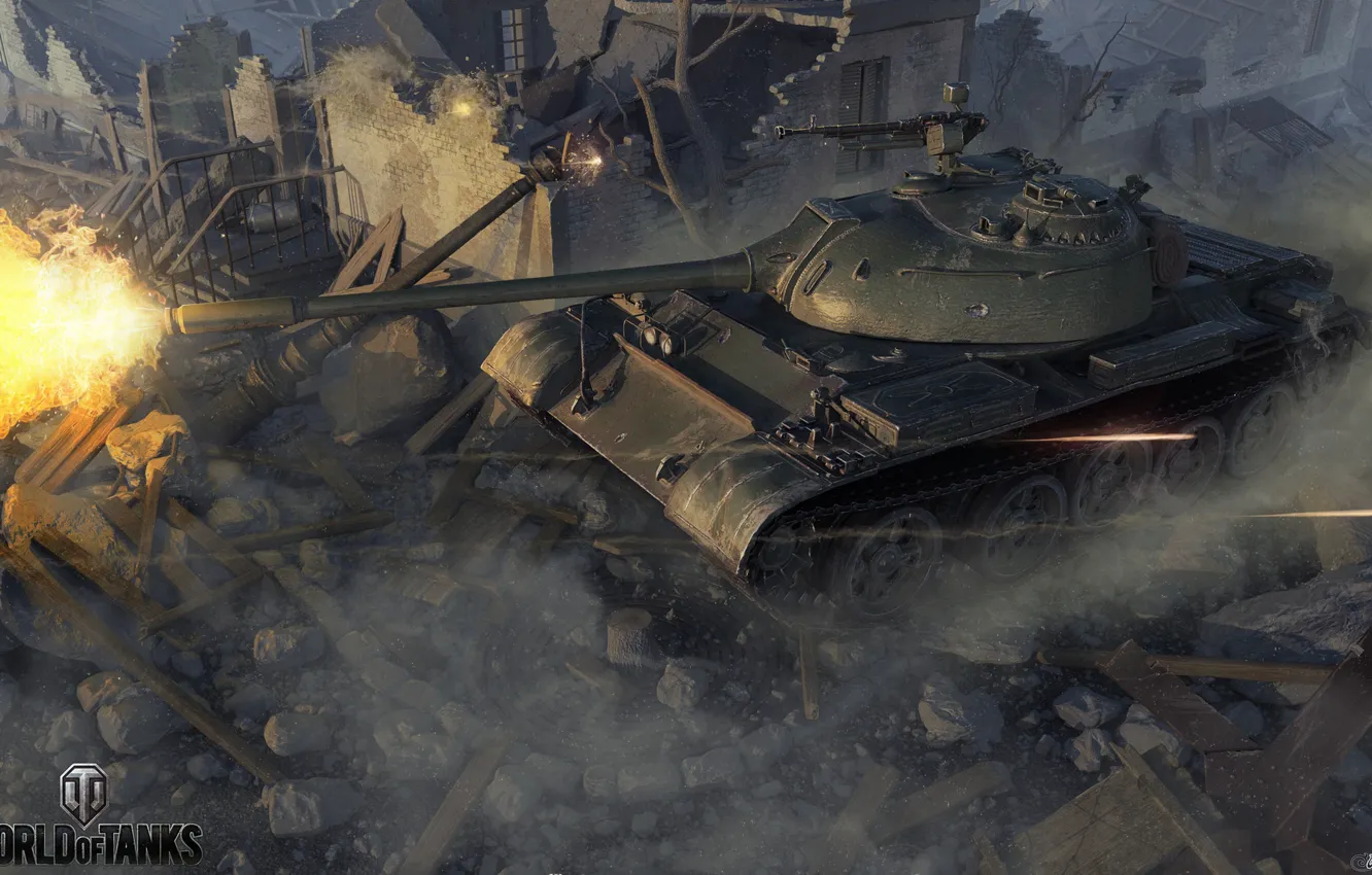 Photo wallpaper fire, tank, ruins, World of Tanks, Type 59
