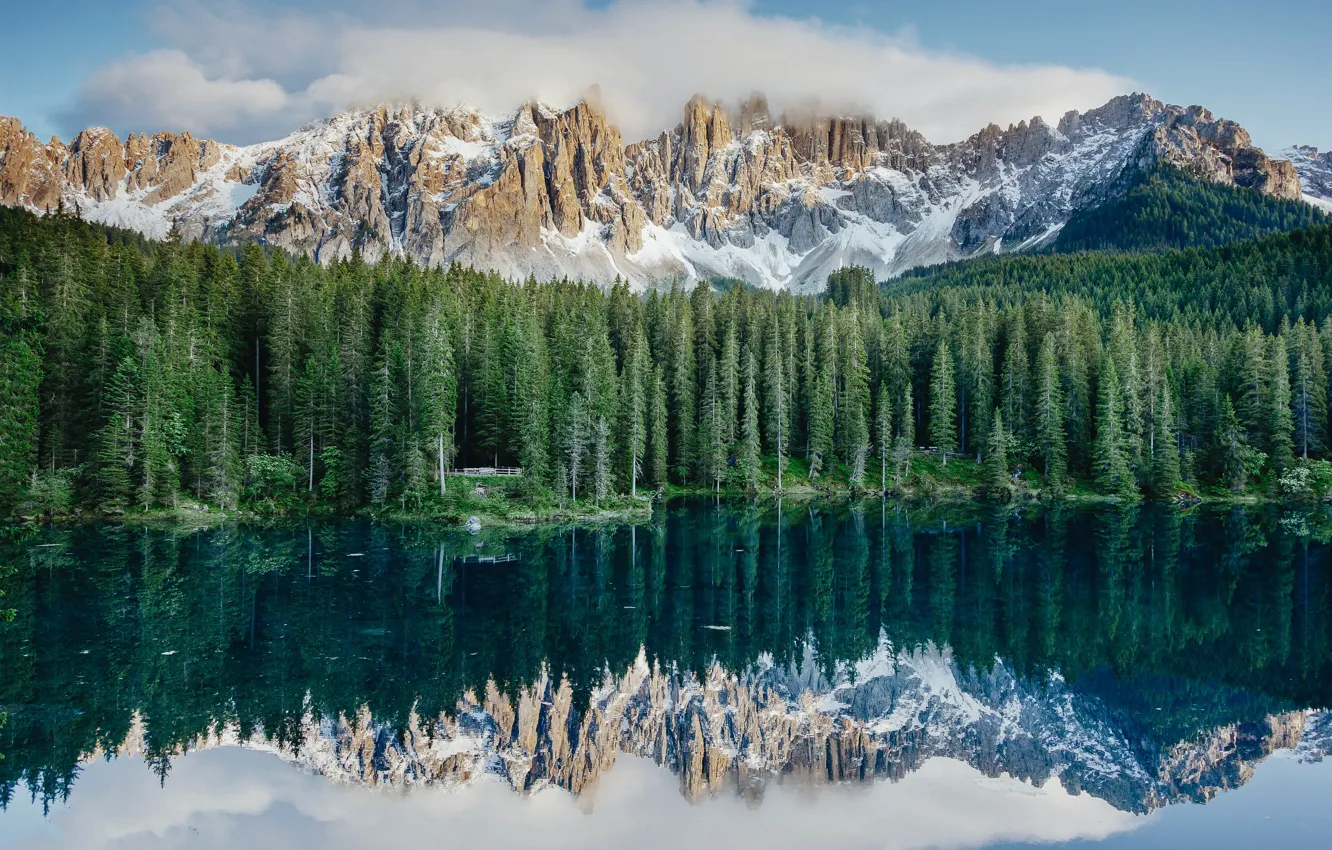 Photo wallpaper sea, wood, water, clouds, mountain, snow, fog, Eberhard Grossgaesteiger