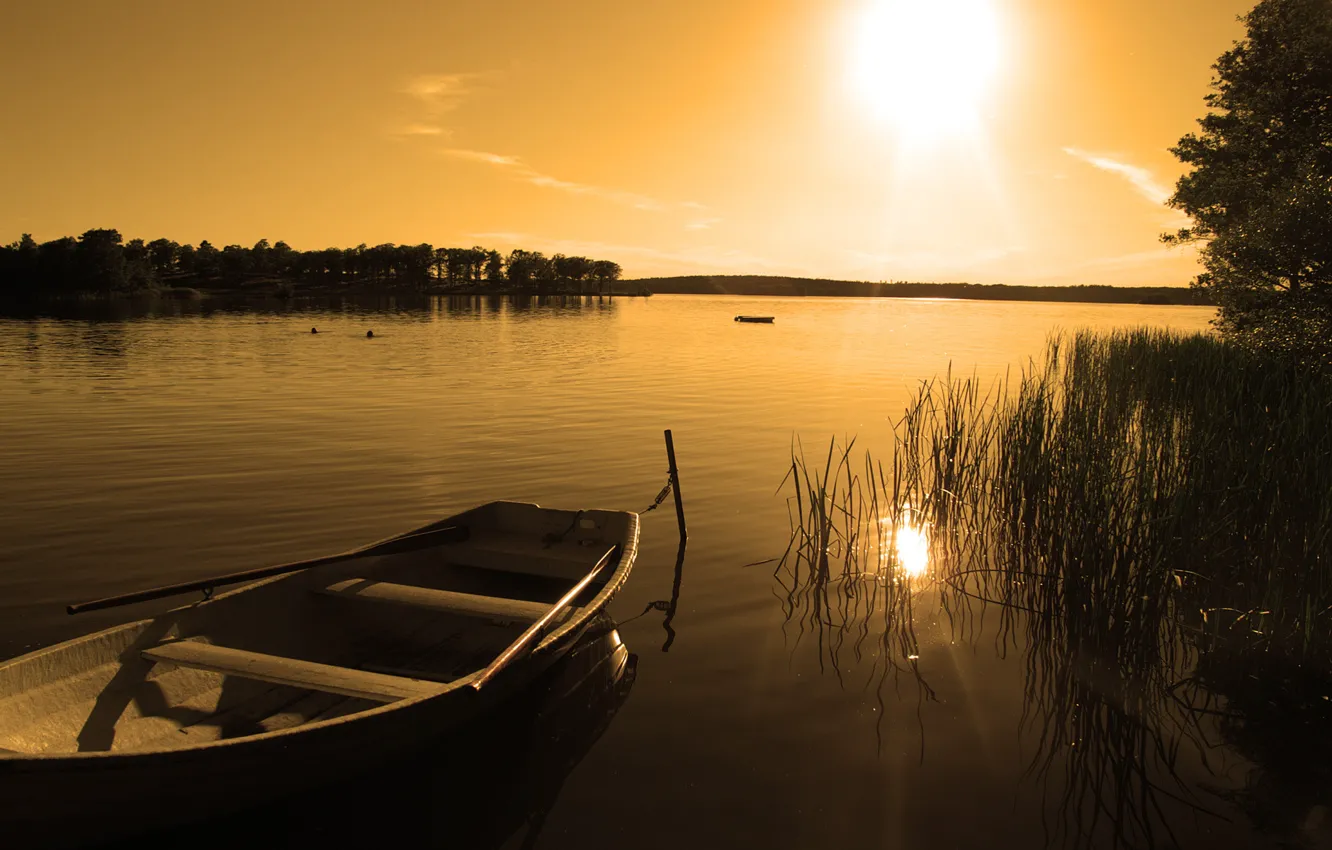 Photo wallpaper sunset, nature, lake, boat