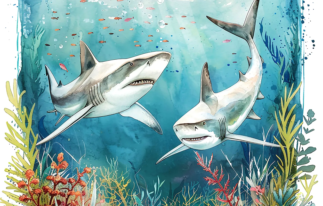 Photo wallpaper algae, predator, shark, two, underwater world, digital art, imitation painting, AI art