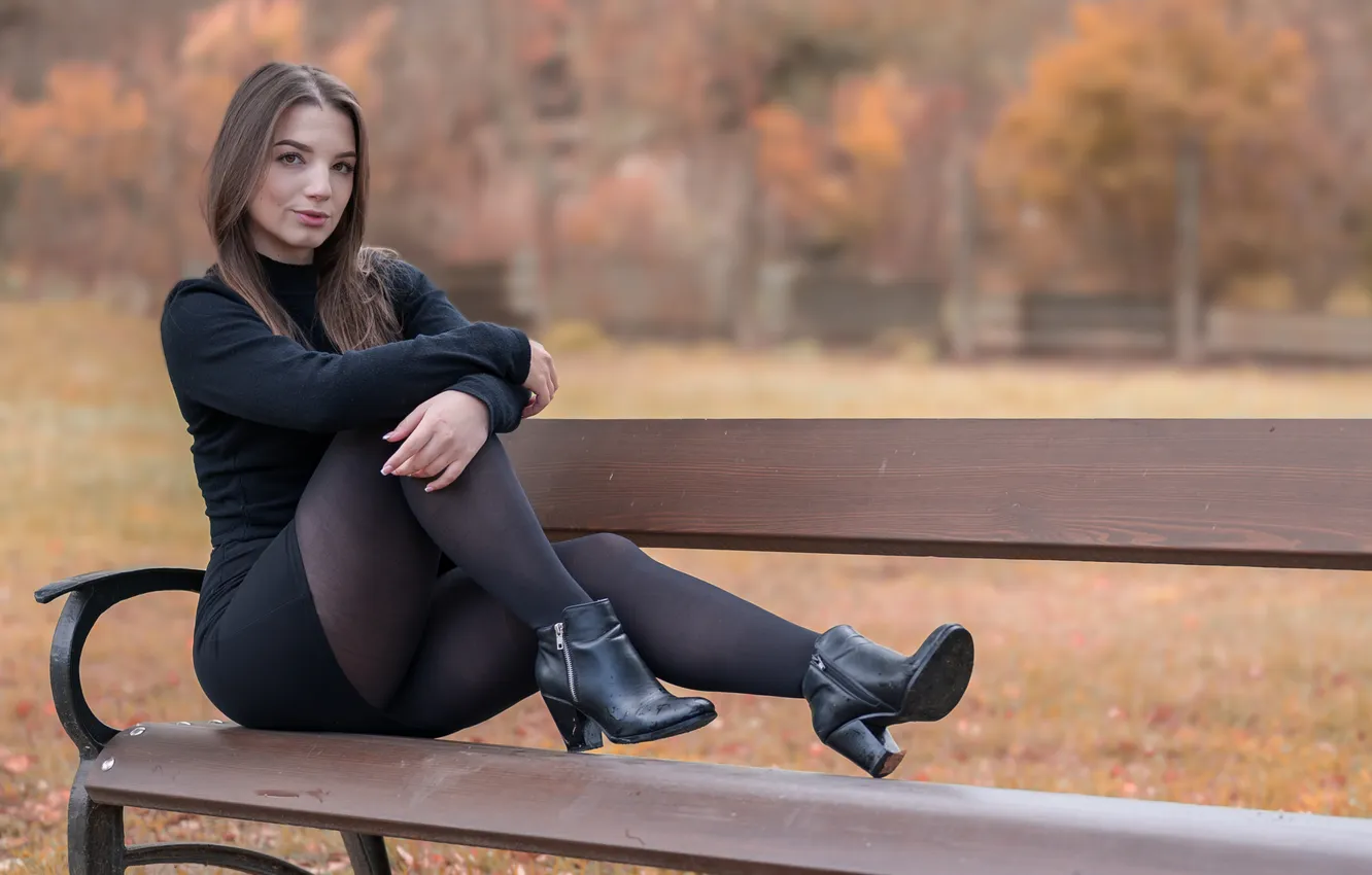Photo wallpaper girl, bench, dress, tights, legs, sitting, Angi