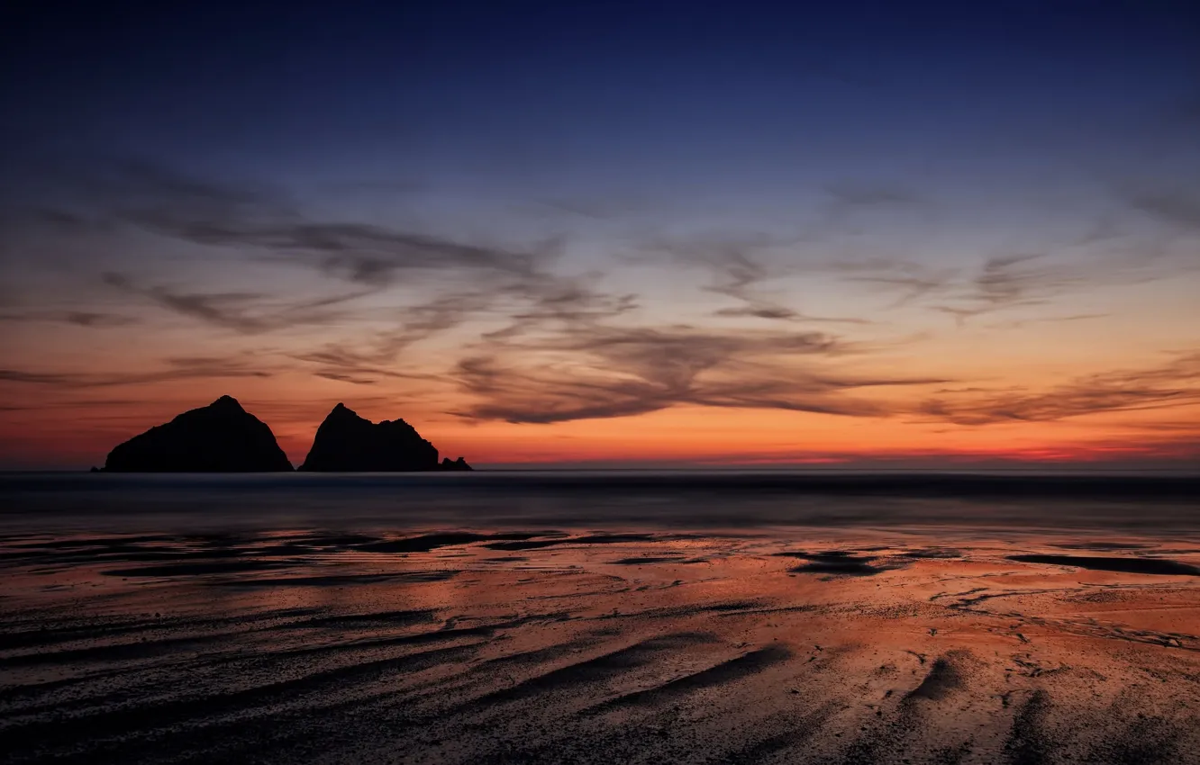 Photo wallpaper sunset, England, silhouette, seascape, Cornwall