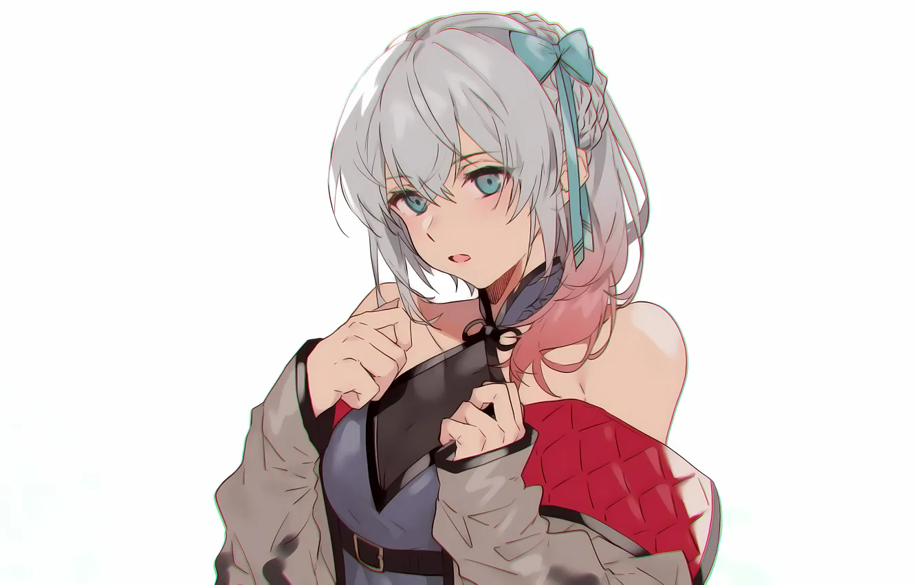 Photo wallpaper girl, sexy, cleavage, blouse, green eyes, long hair, boobs, anime